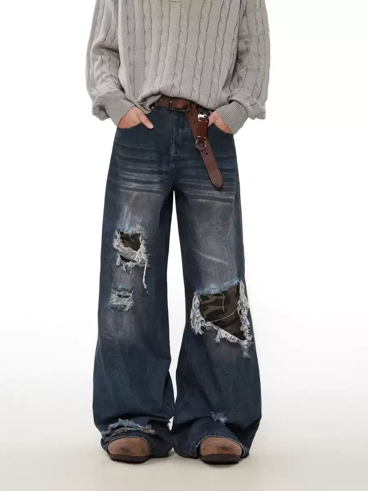 VINTAGE LOOSE PATCHED DISTRESSED WIDE-LEG JEANS ST5217