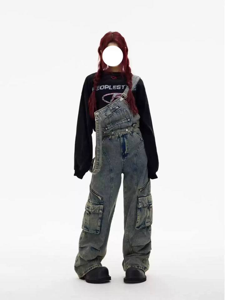 DETACHABLE STRAP VINTAGE WASH MULTI-POCKET CARGO JEANS ST5180