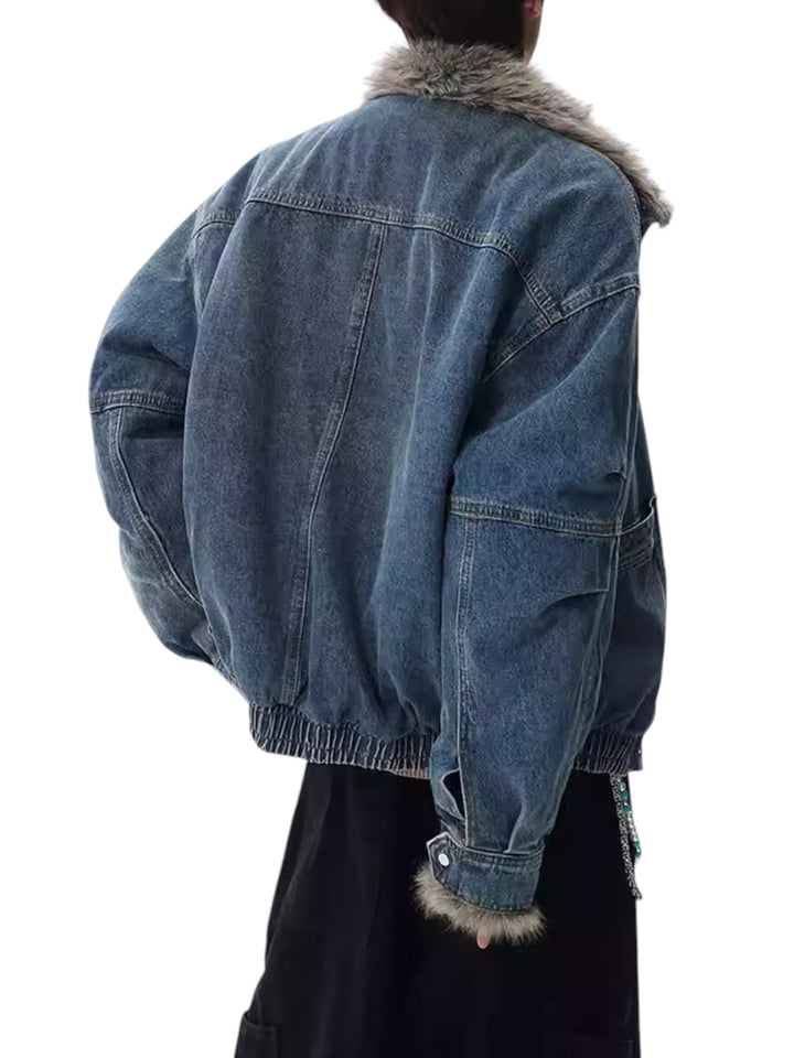 DECONSTRUCTED WASHED DENIM FUR-TRIM JACKET TT082